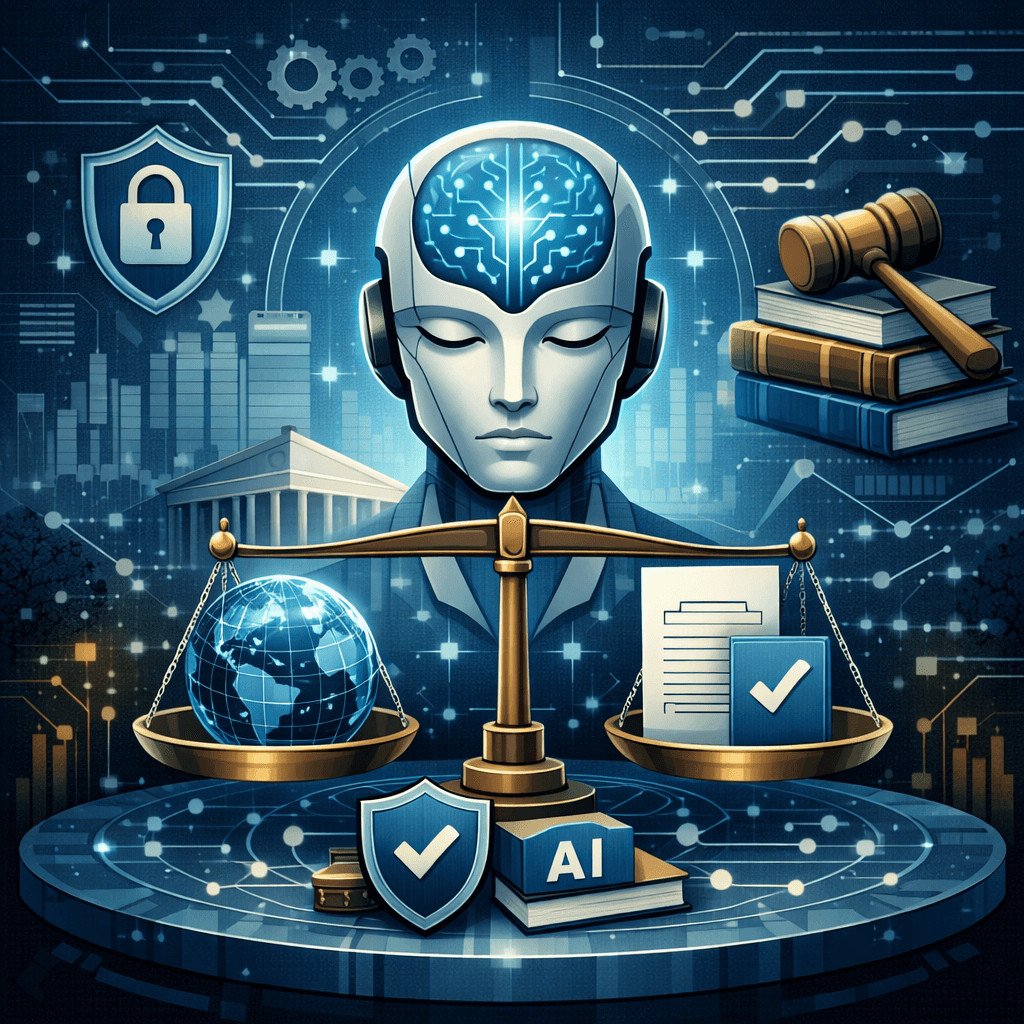 Illustration of an AI figure balanced between global data and compliance documents on a set of scales, representing AI governance